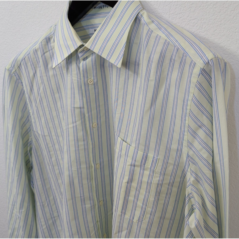 Pal Zileri Mens Dress Shirt 18.5 XL Yellow Blue Stripe Italian Cotton Button